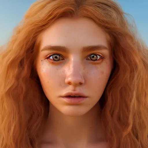 Image similar to Render of a beautiful 3d marbles with long pink hair, hazel eyes, cute freckles, full round face, golden hour, serene beach setting, medium shot, mid-shot, hyperdetailed, trending on Artstation, Unreal Engine 4k