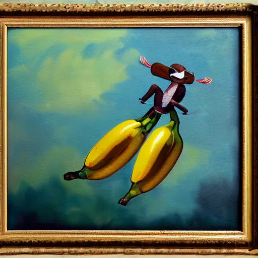 Image similar to oil painting impressionist stopwatch and banana flying through the air, flies, whimsical, detailed,