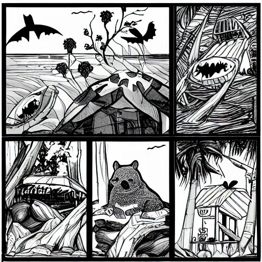 Image similar to 🦝🏝, comic art, digital art, spooky, black and white