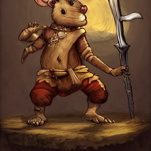 Prompt: antropomorphic rat character buying a sword made out of bone from a trader rat, fantasy art