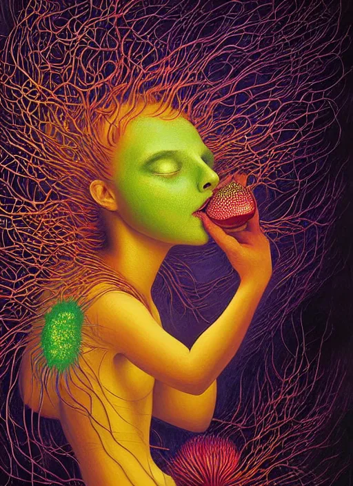 Prompt: hyper detailed 3d render like a Oil painting Houdini render - Aurora (Singer) Eats of the Strangling Fruit and Her gossamer polyp blossoms bring iridescent fungal flowers whose spores black the foolish stars by Jacek Yerka, Mariusz Lewandowski, Abstract brush strokes, Masterpiece, Edward Hopper and James Gilleard, Zdzislaw Beksinski, Mark Ryden, Wolfgang Lettl, hints of Yayoi Kasuma, octane render, 8k