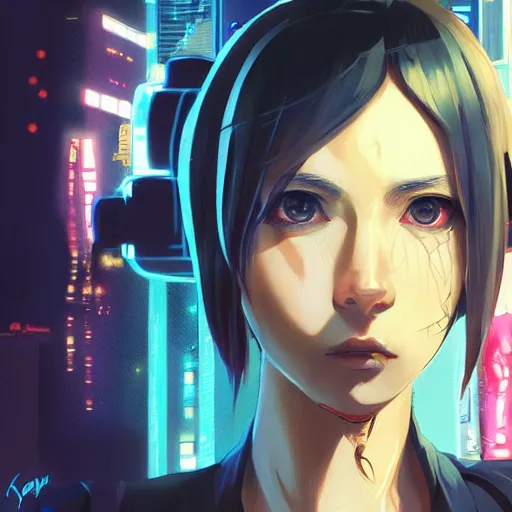 Image similar to A comic potrait of a cyberpunk cyborg girl with big and cute eyes, fine-face, realistic shaded perfect face, fine details. Night setting. Very anime style. Realistic shaded lighting poster by Ilya Kuvshinov katsuhiro, magali villeneuve, artgerm, Jeremy Lipkin and Michael Garmash, Rob Rey and Kentarõ Miura style, trending on art station