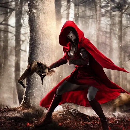 Prompt: photo of red riding hood warrior fights a werewolf, highly detailed, dramatic lighting, cinematic, 4k