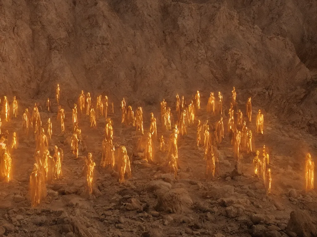 Image similar to the line of glowing bene gesserit people in full - face golden masks in a dry rocky desert landscape with ancient abandoned city beneath the sand and giant alien spaceship in smoke and fire by christopher doyle and alejandro jodorowsky, anamorphic lens, kodakchrome, cinematic composition, very detailed photo, 8 k,