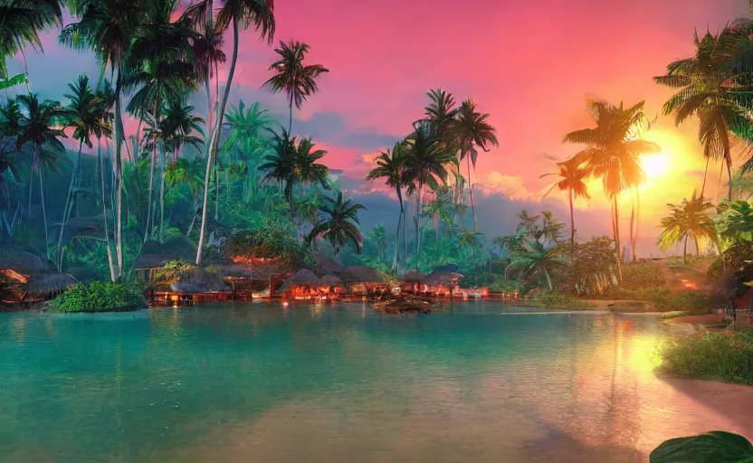 Image similar to a tropical resort in a jungle paradise, with a beautiful red and blue sunset, dynamic lighting, photorealistic fantasy concept art, trending on art station, stunning visuals, creative, cinematic, ultra detailed, ray tracing, sun rays, native tribes, wonderous waters, amazing detail