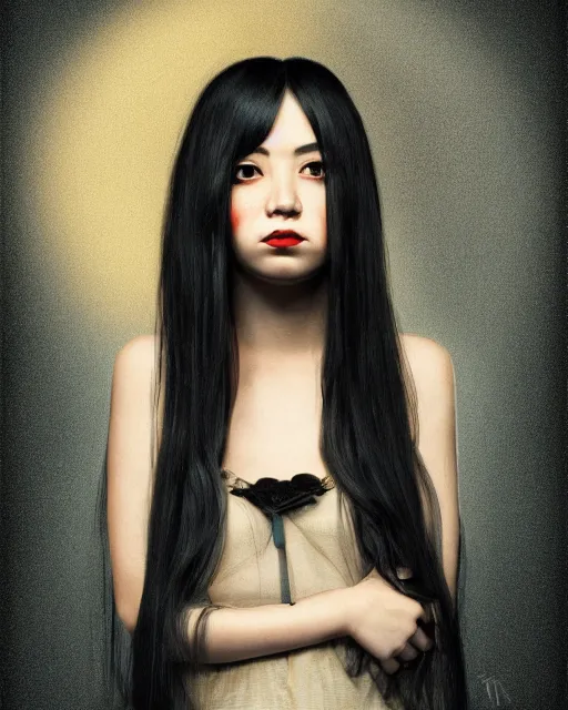 Prompt: A portrait painting of a gorgeous woman long black hair frowning, in the style of Audrey Kawasaki, octane render, highly detailed