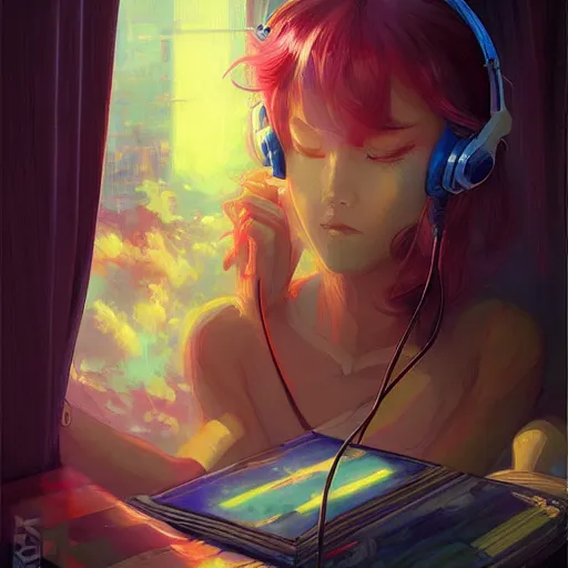 Image similar to lo-fi colorful masterpiece by Ross Tran, WLOP, Dan Mumford, Christophe Vacher, painting, asian girl, with headphones, studyng in bedroom, window with Tokyo view, lo-fi illustration style, by WLOP, by loish, by apofis, alive colors