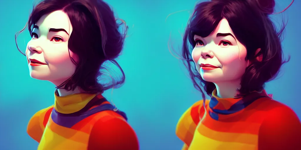 Image similar to low angle portrait of Bjork, tepainting concept Blizzard pixar maya engine on stylized background splash comics global illumination lighting artstation lois van baarle, ilya kuvshinov, rossdraws