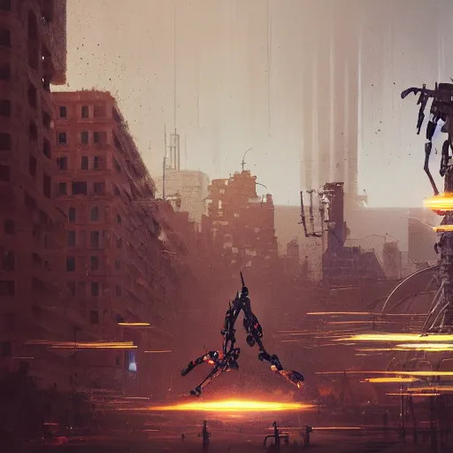 Image similar to six feet tall mech fighting in an urban environment, by gaudi, by ismail inceoglu, octane render, by weta digital, cinematic lighting, bump mapped, lumen reflections, action scene screenshot, epic scale, trending on artstation