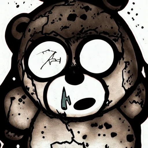 Prompt: grunge cartoon drawing of a teddy bear with bloody eyes by - danny phantom, loony toons style, horror theme, detailed, elegant, intricate