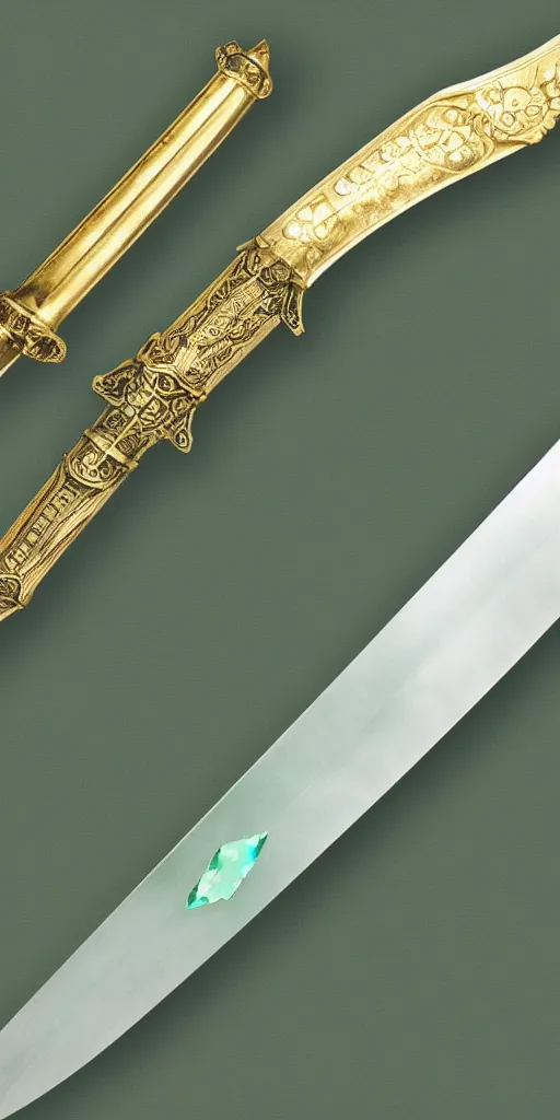 Image similar to photograph of a wide green and teal crystal double - edged sword blade attached to a big gold sword hilt