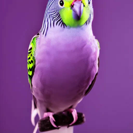 Image similar to budgie studio portrait, 5 0 mm prime lens, 1 0 0 iso, purple background