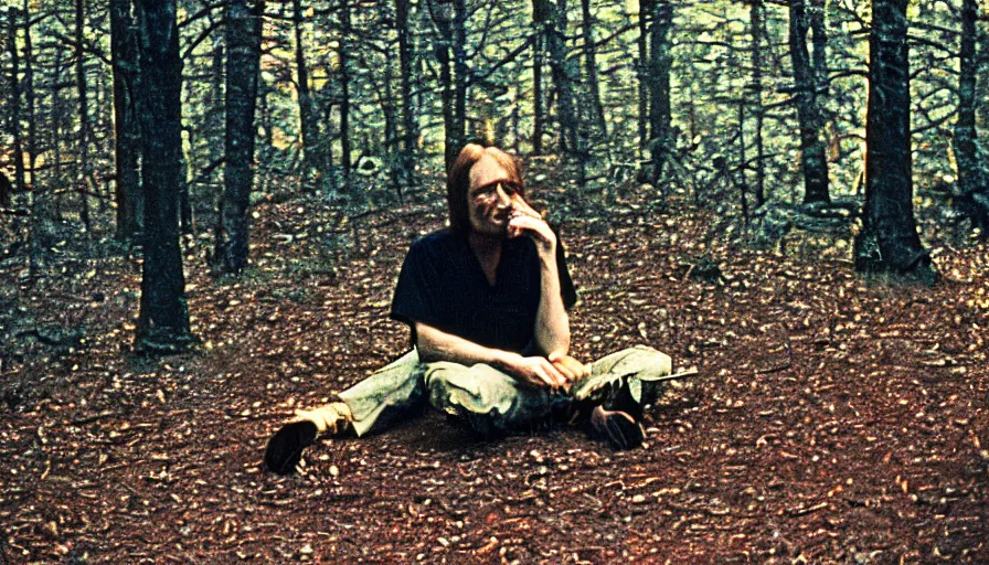 Image similar to 7 0 s film still from a horror movie with a man sitting in a forest, kodachrome, cinecolor, cinestill, photorealism, cinematic, film grain, film texture, vhs recording