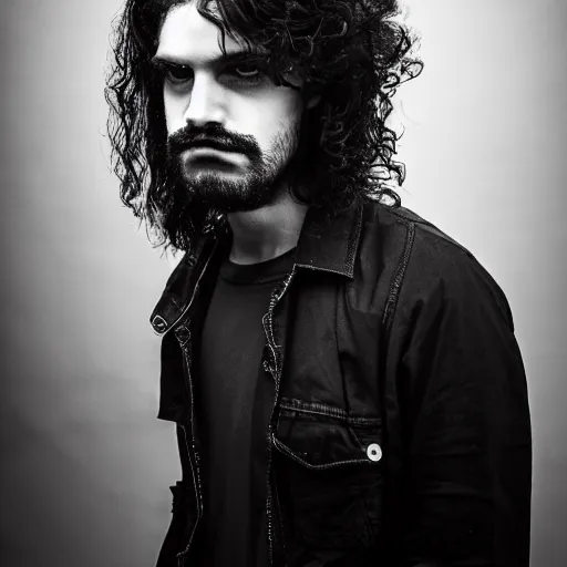Prompt: award winning photography of an handsome man, he is 2 7 years old, long curly hair, shaved, multiple lights, black and white, foggy like norwegian black metal aesthetic - n 4