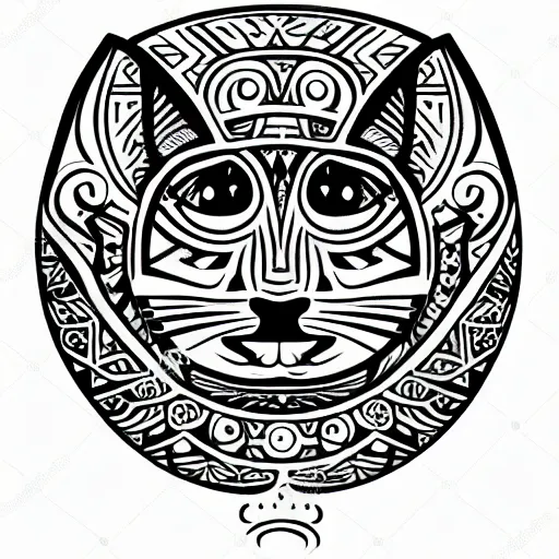 Image similar to tattoo sketch of a cat with one eye, on a paper, maori ornament, polinesian style, minimalism, line art, vector, geometric