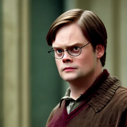 Image similar to dwight schrute playing harry potter in a harry potter movie