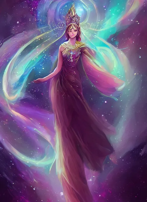 Image similar to a highly detailed illustration of elegant goddess wearing cosmic dress, elegant floating pose, beautiful detailed figure, nebula background, closed eyes smile expression, intricate, elegant, highly detailed, centered, digital painting, artstation, concept art, smooth, sharp focus, league of legends concept art, wlop