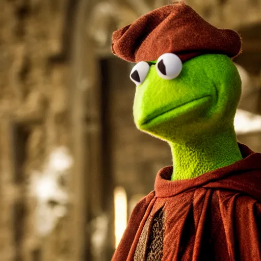 Image similar to first shot of kermit the frog in game of thrones, ( eos 5 ds r, iso 1 0 0, f / 8, 1 / 1 2 5, 8 4 mm, postprocessed, crisp face, facial features )