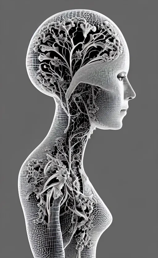 Prompt: a black and white 3D render of a beautiful profile face portrait of a female vegetal-dragon-cyborg, 150 mm, orchid stems, fine lace, Mandelbrot fractal, anatomical, flesh, facial muscles, cable wires, microchip, veins, arteries, full frame, microscopic, elegant, highly detailed, flesh ornate, elegant, high fashion, rim light, octane render in the style of H.R. Giger and Man Ray