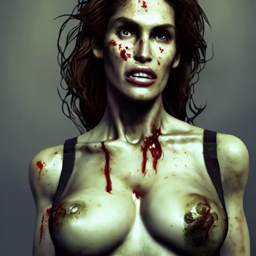 Image similar to portrait of eighties cindy crawford as a zombie, 7 days to die zombie, fine art, award winning, intricate, elegant, sharp focus, cinematic lighting, highly detailed, digital painting, 8 k concept art, art by guweiz and z. w. gu, masterpiece, trending on artstation, 8 k