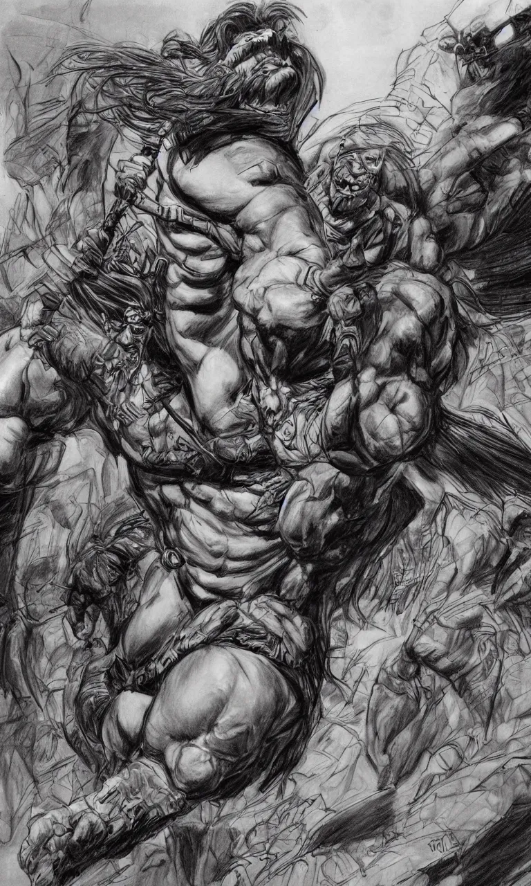 Image similar to digital detailed pianting drawing of conan by simon bisley and john buscema, unreal engine 5