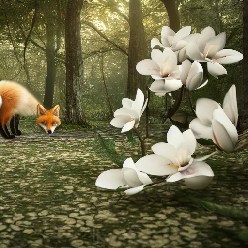 Prompt: small red fox in a forest full of white magnolias, fantasy, octane render, highly detailed