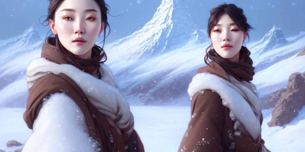 Prompt: beautiful digital painting of a hoyeon jung stylish female snow - covered mountains with high detail, real life skin, freckles, 8 k, stunning detail, works by artgerm, greg rutkowski and alphonse mucha, unreal engine 5, 4 k uhd