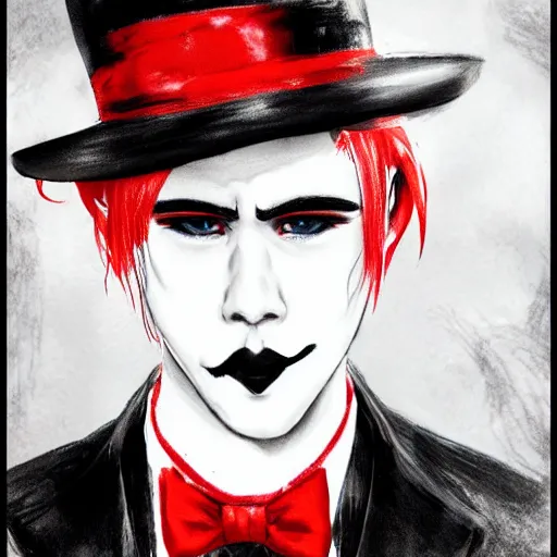 Image similar to full face shot of a handsome butler with straight black hair, a red highlight, long bangs, with alligator eyes, creepy smile, fancy, ultra detailed, brush strokes, digital painting, cinematic, wlop artstation, pixiv, intimidating glare, yoshitaka amano, andy warhol, ultra realistic,