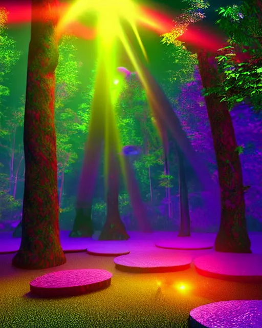 Image similar to mystical forest with a pond with a bright beam of light shining down through the clouds colorful trippy acid trip colorful 8 k 3 d sunshine rays volumetric lighting trending on artstation vray colorful