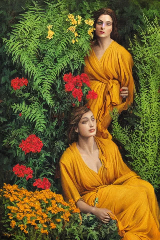 Image similar to chiaroscuro painting of a beautiful greek woman in robes, in a garden full of ferns, marigold flowers, dappled light, by bernie fusch