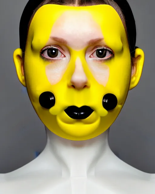 Prompt: symmetrical close - up portrait of a woman wearing a yellow silicone beauty mask and hair rolls, wearing a black bodysuit by alexander mcqueen, cream white background, biotechnology, humanoide robot, bjork aesthetic, translucent, by rineke dijkstra, masterpiece,