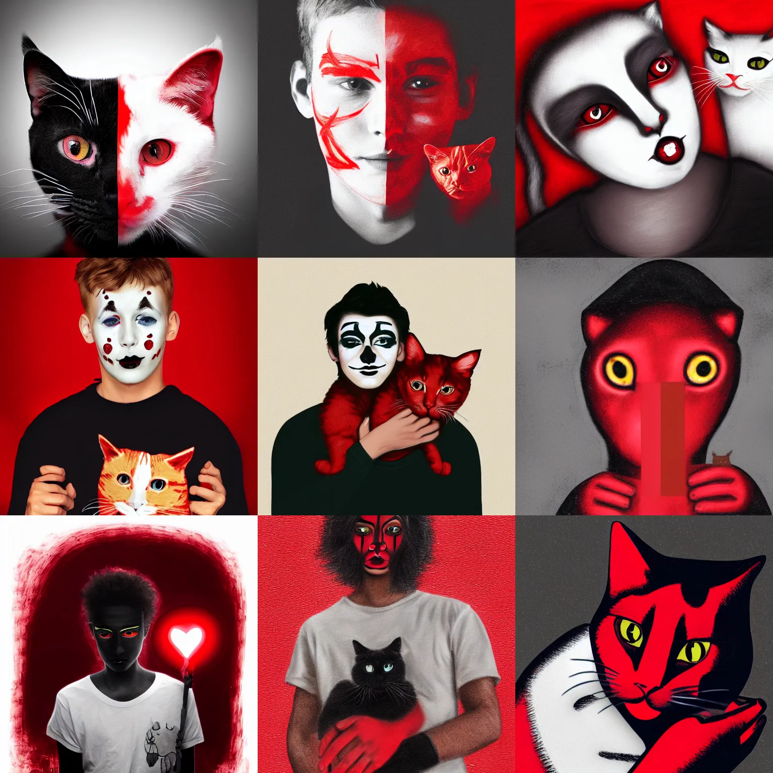 Prompt: young man's face painted red on black background, white gleam of light over his eye, holding a red cat, digital art