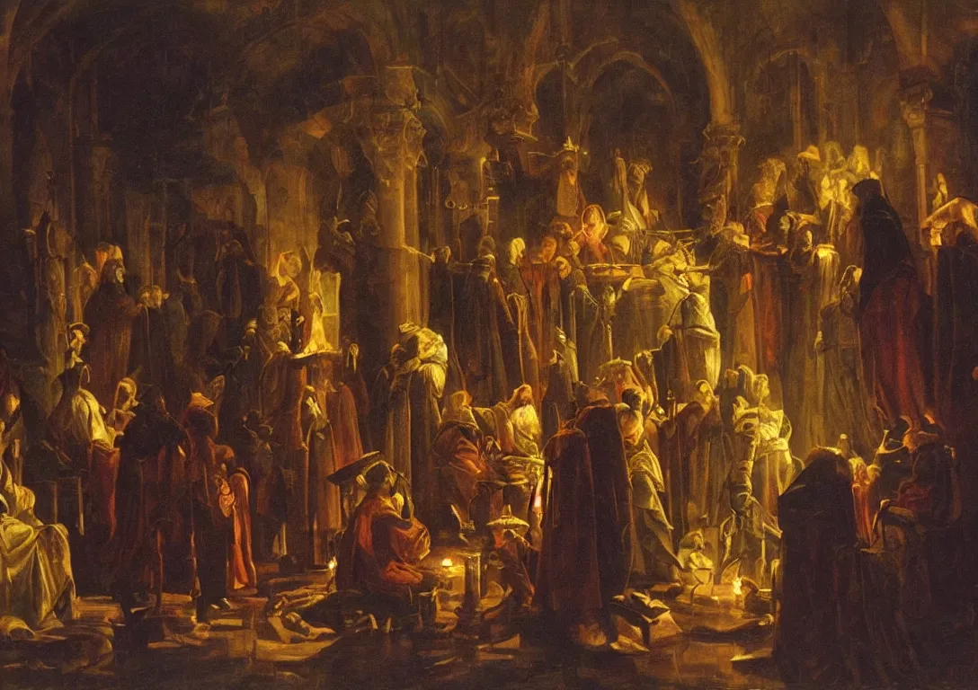 Image similar to meeting of the high council of wizards, atmospheric, illustration, dramatic, moody, lighting, oil on canvas painting, baroque