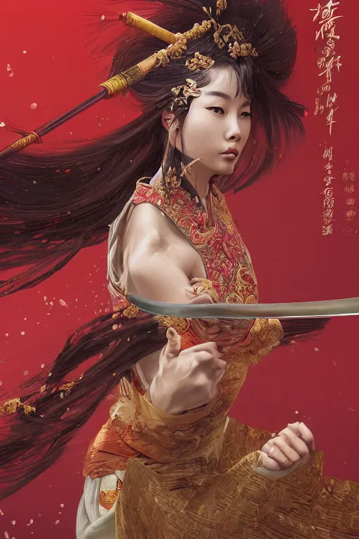 Prompt: portrait wuxia sword dance Girl, ancient chinease costume, in forbidden City Rainning, flowers sea everywhere, ssci-fi, fantasy, intricate, very very beautiful, elegant, highly detailed, digital painting, artstation, concept art, smooth, sharp focus, illustration, art by tian zi and WLOP and alphonse mucha