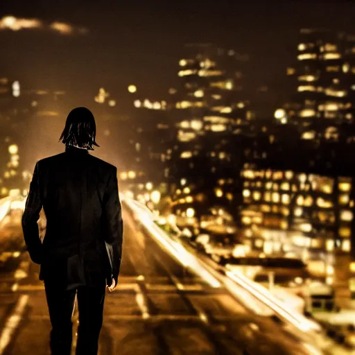 Image similar to a still of Keanu Reeves. Shallow depth of field. City at night in background, lights, colors ,studio lighting, mood, 4K. Profession photography