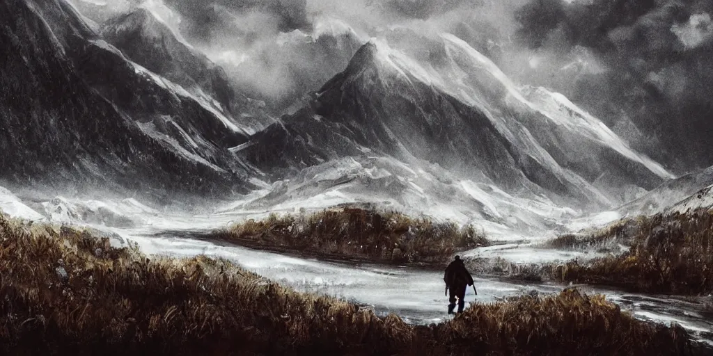 Image similar to A majestic landscape featuring a river, mountains and a forest. A small group of birds is flying in the sky. Harsh winter. very windy. There is a man walking in a deep snow.Camera is positioned behind the man. Cinematic, very beautiful, painting in the style of Lord of the rings