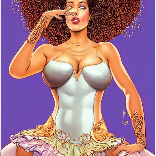 Prompt: a stunning perfect art nouveau styled portrait of a beautiful veluptuous female funk ballerina from the disco era with afro hair and large buttocks in a chic outfit by travis charest and rodney matthews, athletic muscle tone, perfectly symmetrical facial features, intricately hyperdetailed, psychedelic, max resolution