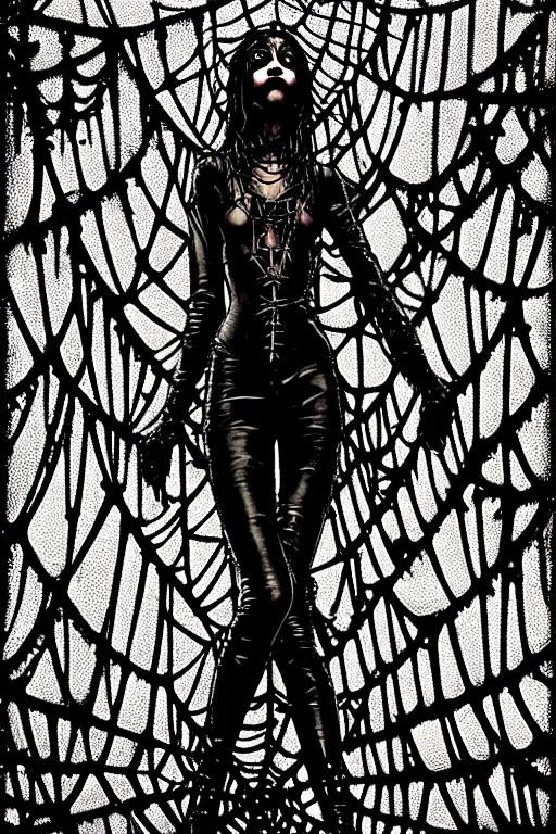 Image similar to dreamy gothic girl, black leather slim clothes, chains, covered in spider web, beautiful body, detailed acrylic, grunge, intricate complexity, by dan mumford and by alberto giacometti, peter lindbergh
