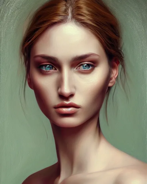 Prompt: portrait of a beautiful woman, enigmatic beauty, head in focus, intricate, elegant, highly detailed, hyperrealistic, concept art, painterly, sharp focus, art by emilia elfe