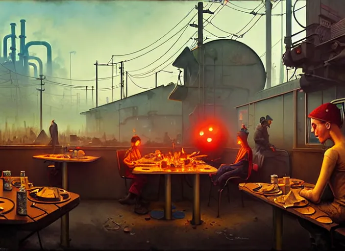 Prompt: waiting in line for crude oil by simon stalenhag and gil elvgren and tom bagshaw and marc simonetti and jan miense molenaer and arthur adams, dystopian slums, diner scene, highly detailed, hyperrealism, smog, gas masks