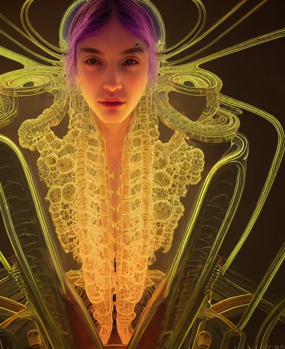 Image similar to intricate opulent transparent clear see - through portrait of microbes, fractal, neon lights, circuitry, dense industrial environment, ultra realistic, concept art, art deco, photorealistic, octane render, 8 k, unreal engine. art by nori inoguchi and sam kaplan and zachary goulko and christopher marley and artgerm and alphonse mucha