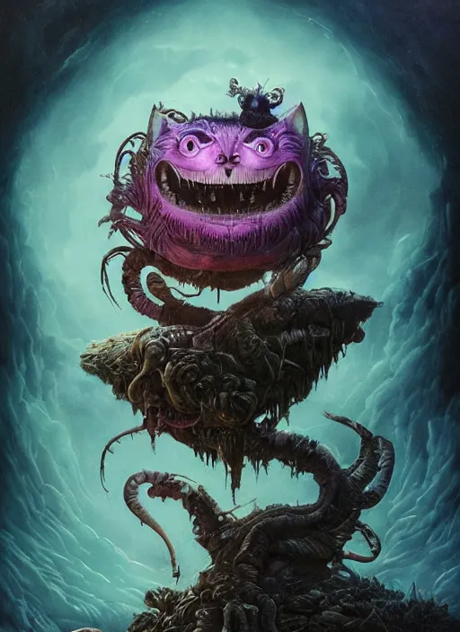 Image similar to cheshire cat, alien, highly detailed, cinematic, 8 k, by megan duncanson, benjamin lacombe, adrian borda, stanley artgermm, tom bagshaw, craig mullins, carne griffiths, ayami kojima, beksinski, giger, trending on deviantart, hyper detailed, horror, full of colour