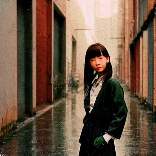 Image similar to 1990s perfect 8K HD professional cinematic photo of close-up japanese schoolgirl posing in sci-fi dystopian alleyway at morning during rain, at instagram, Behance, Adobe Lightroom, with instagram filters, depth of field, taken with polaroid kodak portra