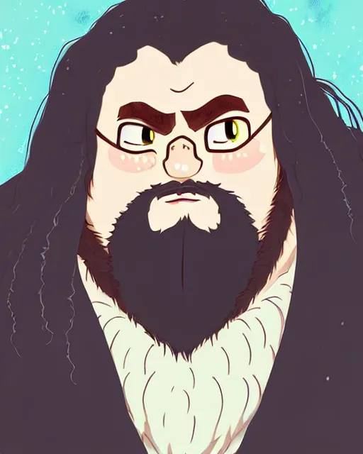 Image similar to Hagrid in cute anime style, portrait of fantasy man, detailed realistic beautiful, lofi colors, smooth, artistic, mellow and soft, sharpen high quality, in style of Ghibli