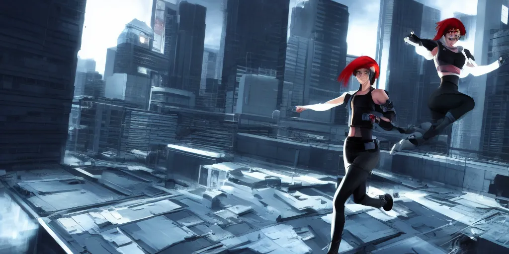 Prompt: Faith Connors from Mirror's Edge (2008 video game) running over a rooftop, cyberpunk, nighttime