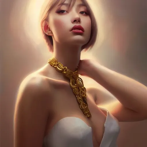 Prompt: expressive oil painting, of alluring european princess, seductive look, smooth glowing skin, glistening body, love, adoration, choker, glamour shot, by yoshitaka amano, by greg rutkowski, by jeremyg lipkinng, by artgerm, digital art, octane render, white dress