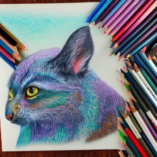 Image similar to Colored pencil art on paper, highly detailed, artstation, People, Animals, Magical Creatures, buildings, scenery, items, enchanted landscapes, PrismaColor