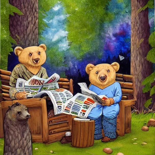 Image similar to 3 bears in tie dye shirts reading newspapers in a cottage, highly detailed, childrens fairy tale, portrait painting, illustration by scott gustafson