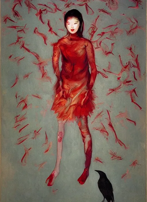 Prompt: a gorgeous asian college girl standing on the knees, frozen cold stare, blood red background, transparent gray skirts, stockings, crows swarming trapped in the void as a symbol of death, in style of surrealism of Francis Bacon painting, Ilya Kuvshinov, John Singer Sargant, Chaim Soutine and Frank Auerbach, American Gothic, 8k, ultradetailed