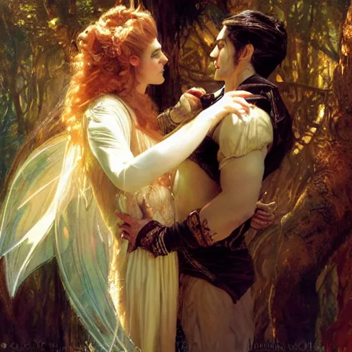 Image similar to attractive male fairy of the forest confesses his love to attractive male dracula the vampire. highly detailed painting by gaston bussiere, craig mullins, j. c. leyendecker 8 k